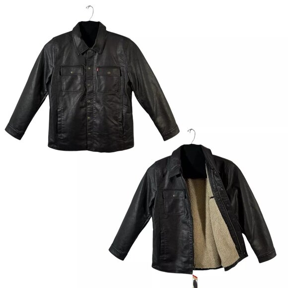 Levi’s Men's Faux Leather Trucker Jacket Size M Dark Brown Warm Sherpa Lining - Picture 1 of 10